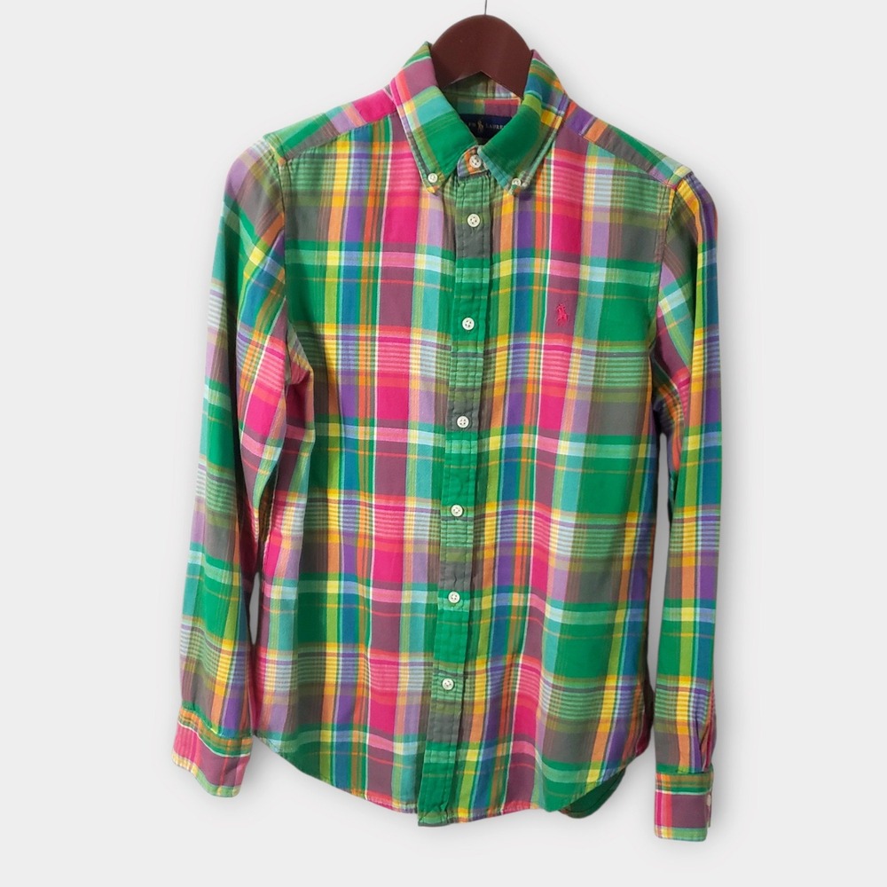 Ralph Lauren Boys Size 8 Plaid Button Down Shirt Multicolor Knit Cotton